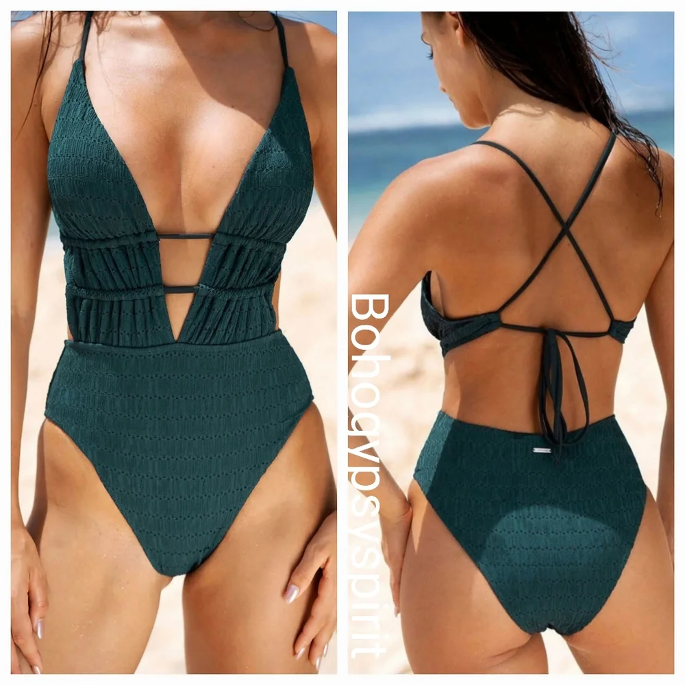 NWT Berlook Dark Green Textured Plunge One-Piece Swimsuit